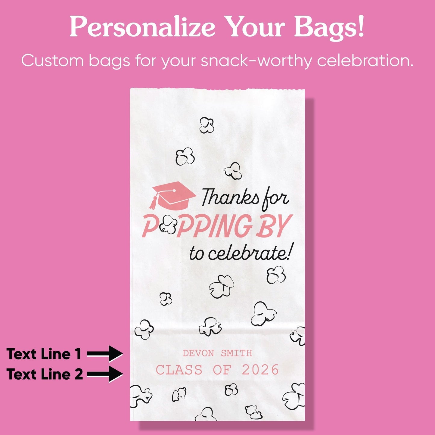 Custom Text Popcorn Bags - Pink Grad - 100 Ct