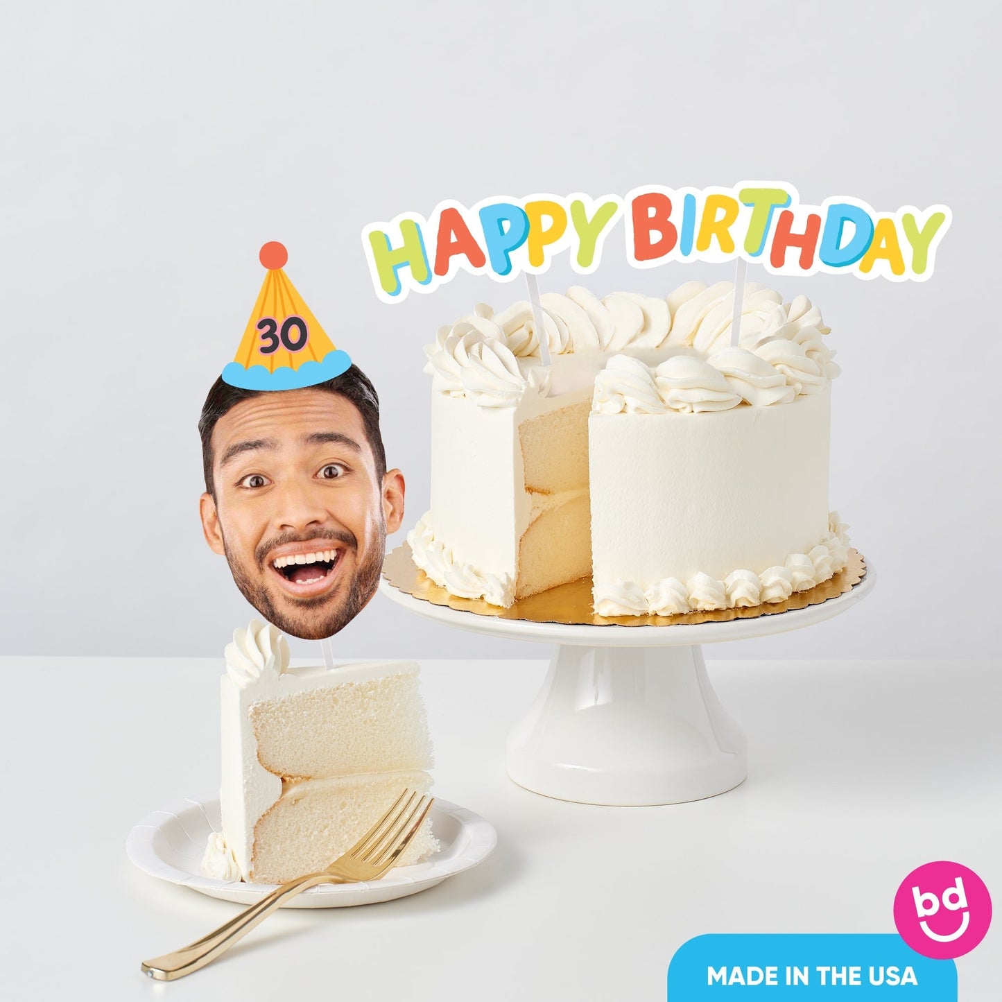 Custom Photo Party Time Colorful Happy Birthday Cake Topper - 3 Pc