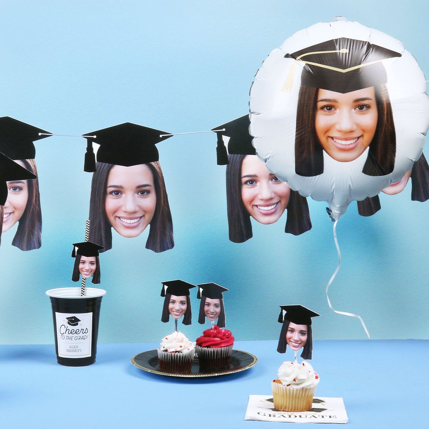 Personalized Fun Face Grad Cap Balloon - Double Sided - 1 Ct