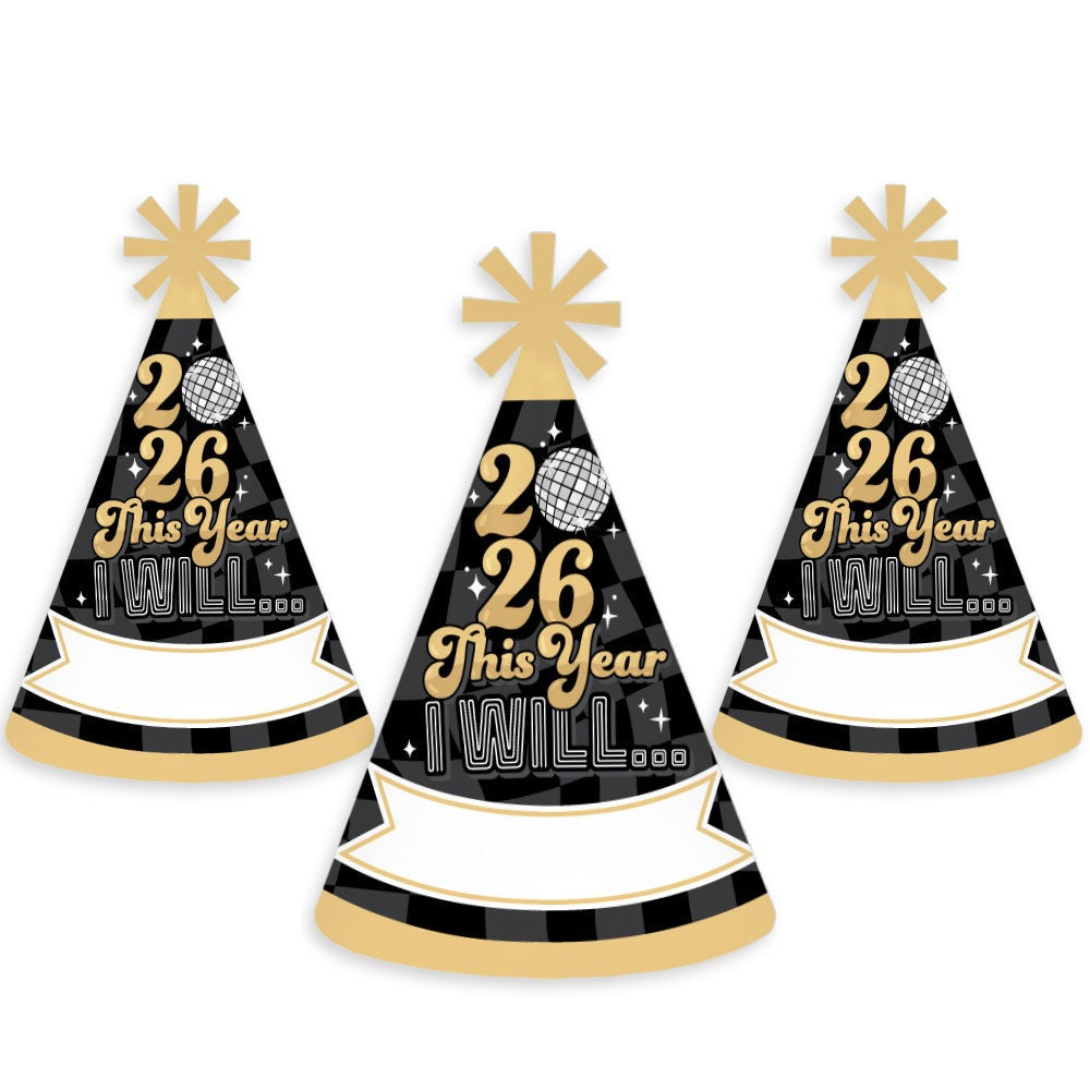 Disco New Year - Cone Party Hats - Groovy 2026 NYE Resolution Cone Party Hat for Kids and Adults - Set of 8 (Standard Size)