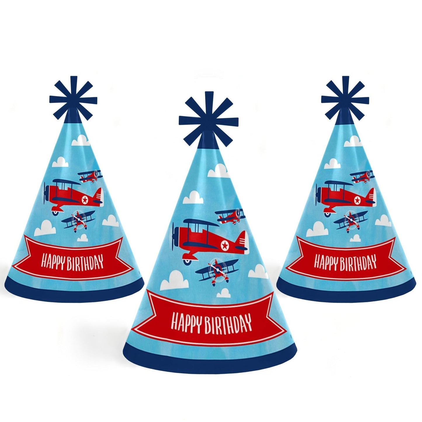 Taking Flight - Airplane - Cone Happy Birthday Party Hats for Kids and Adults - Set of 8 (Standard Size)