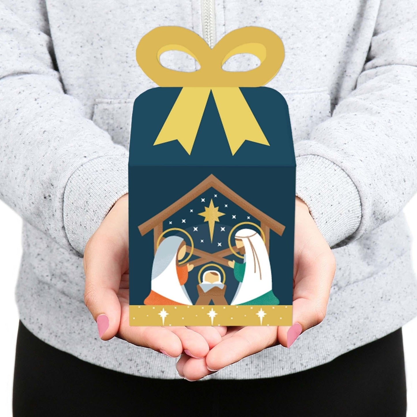 Holy Nativity - Square Favor Gift Boxes - Manger Scene Religious Christmas Bow Boxes - Set of 12