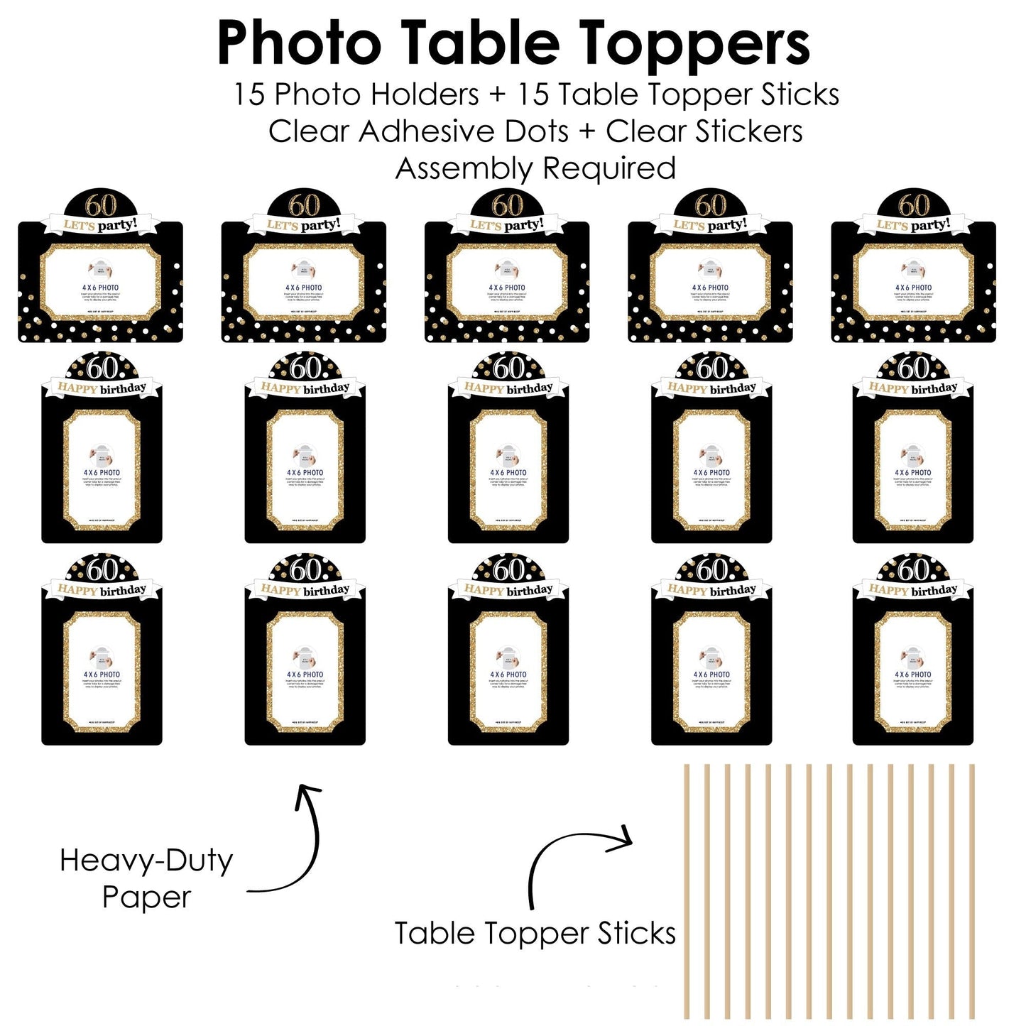 Adult 60th Birthday - Gold - Birthday Party Picture Centerpiece Sticks - Photo Table Toppers - 15 Pieces