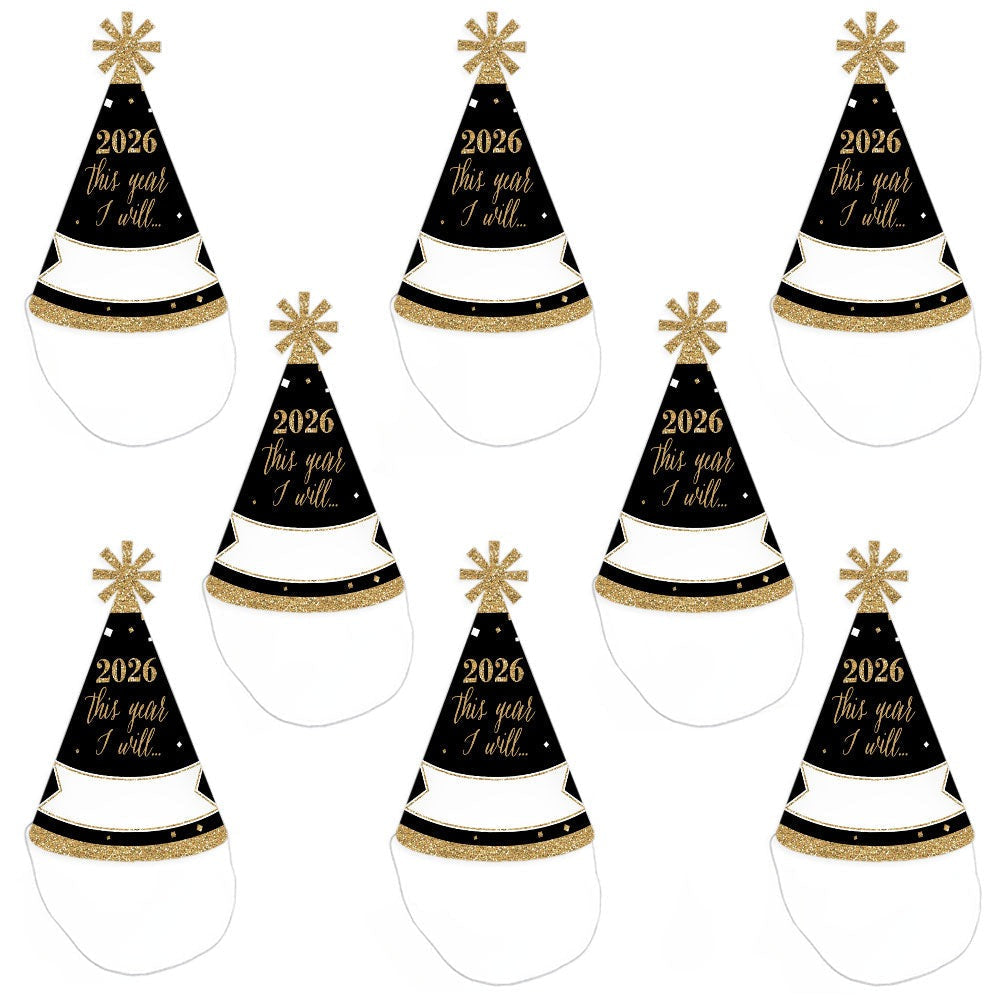 New Year's Eve - Gold - 2026 New Year's Eve Resolution Cone Party Hats for Adults - Set of 8 (Standard Size)