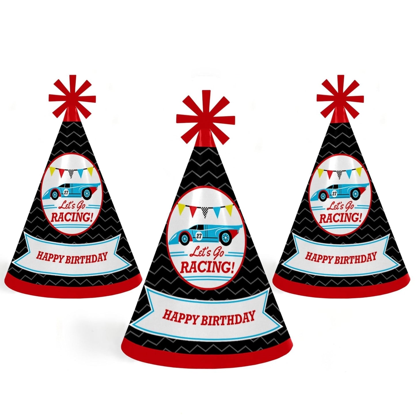 Let's Go Racing - Racecar - Cone Race Car Happy Birthday Party Hats for Kids and Adults - Set of 8 (Standard Size)