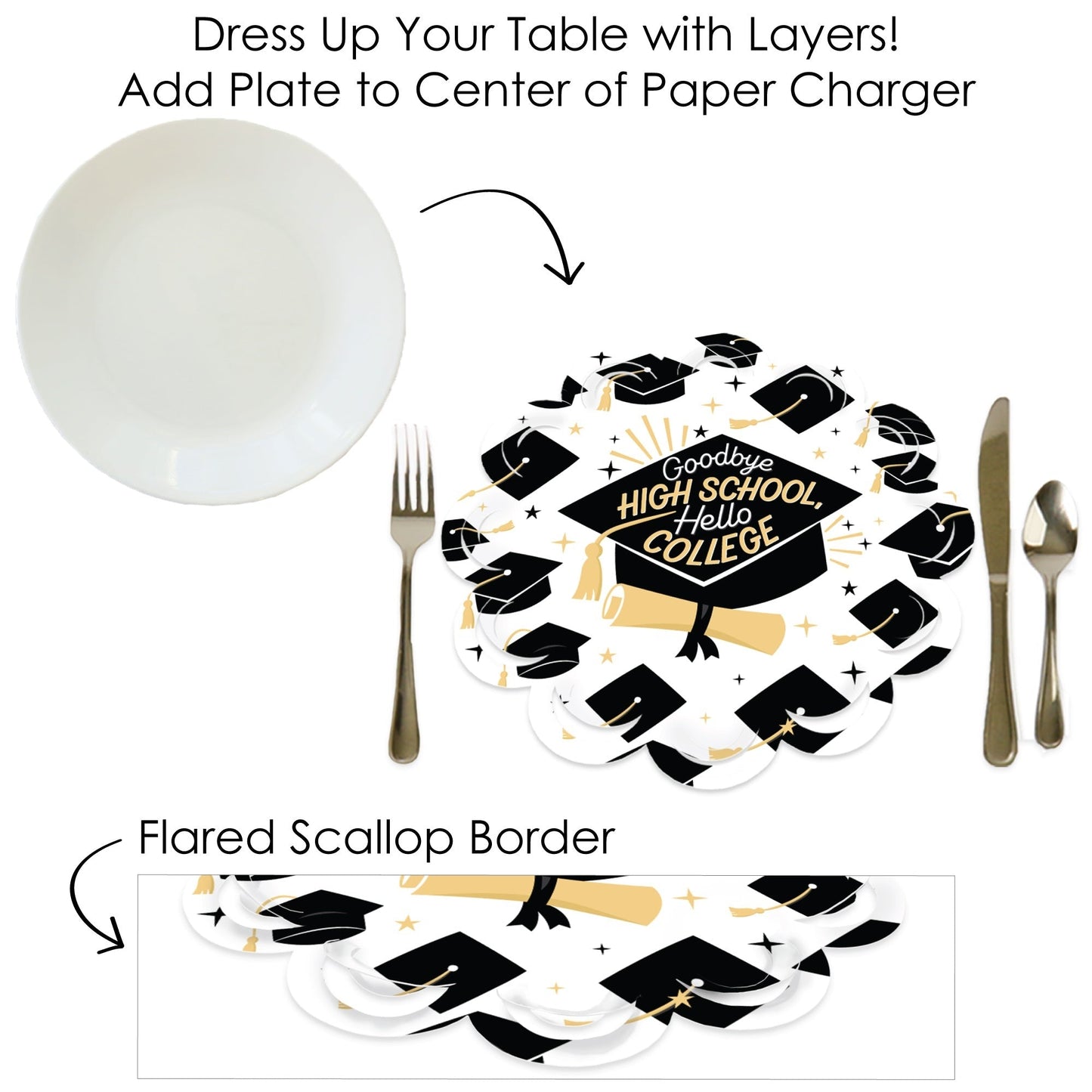 Goodbye High School, Hello College - Graduation Party Round Table Decorations - Paper Chargers - Place Setting For 12