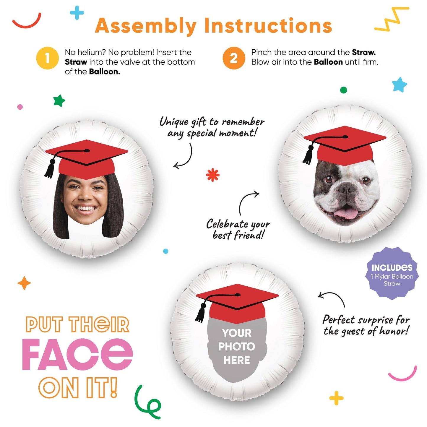 Personalized Fun Face Red Grad Cap Balloon - Double Sided - 1 Ct