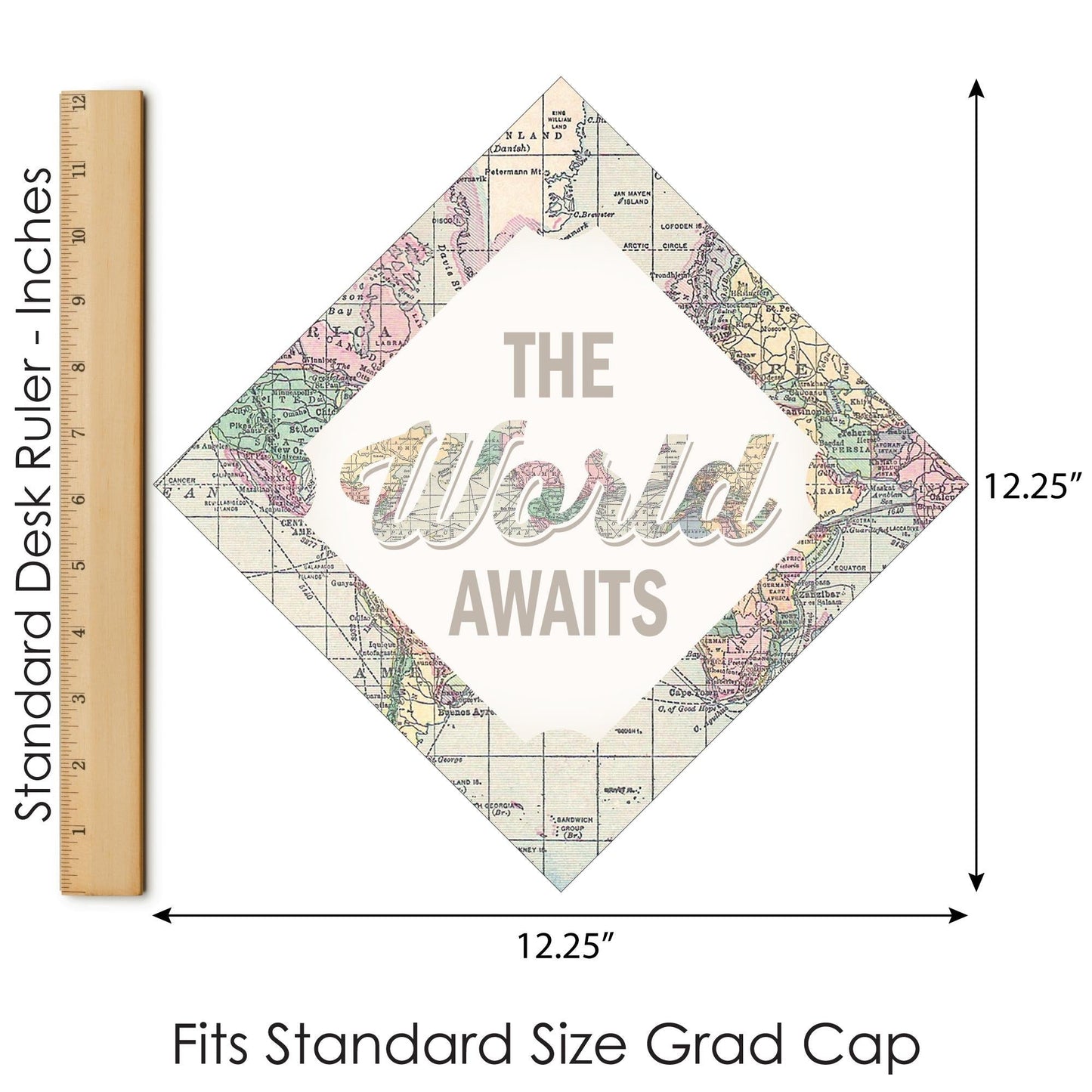 World Awaits - Travel Themed Graduation Cap Decorations Kit - Grad Cap Cover