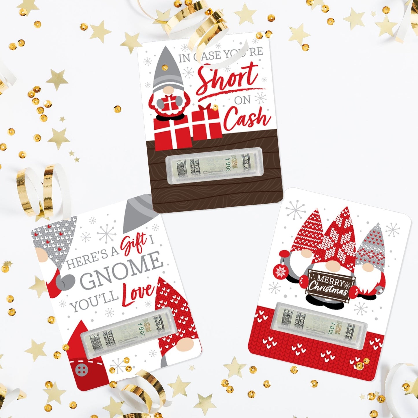 Christmas Gnomes - DIY Assorted Holiday Party Cash Holder Gift - Funny Money Cards - Set of 6