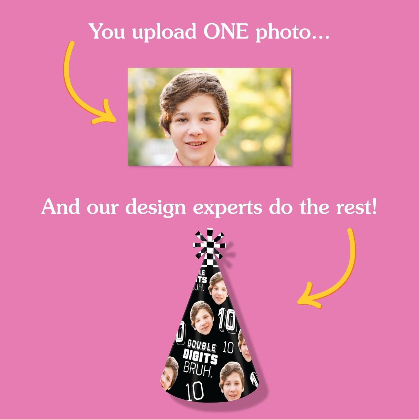 Custom Photo 10th Birthday Bruh Cone Hat - 8 Ct