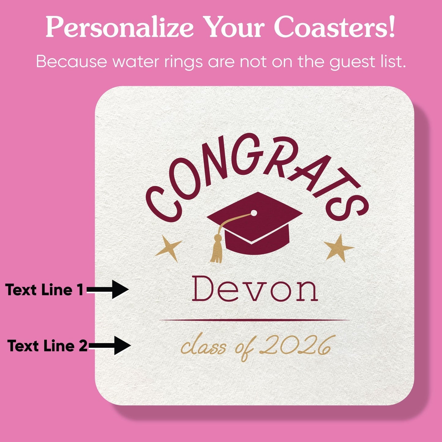 Custom Text Coasters - Maroon Graduation - 100 Ct