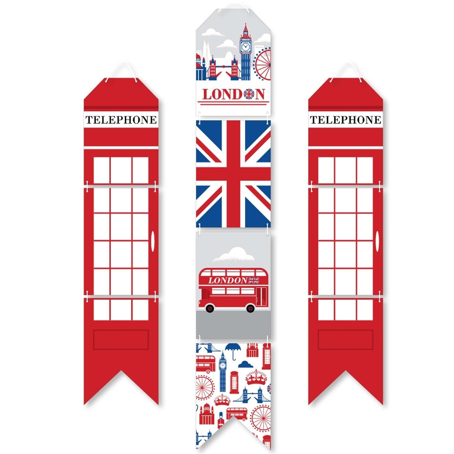 Cheerio, London - Hanging Vertical Paper Door Banners - British UK Party Wall Decoration Kit - Indoor Door Decor