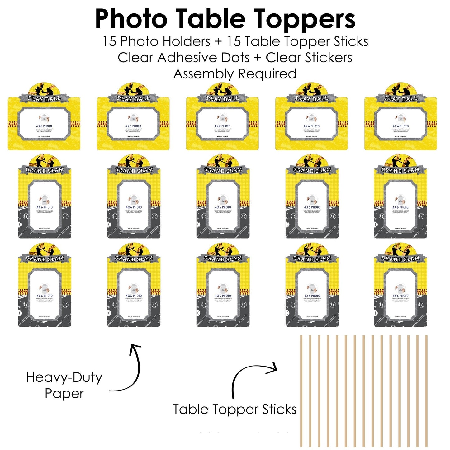 Grand Slam - Fastpitch Softball - Birthday Party or Baby Shower Picture Centerpiece Sticks - Photo Table Toppers - 15 Pieces