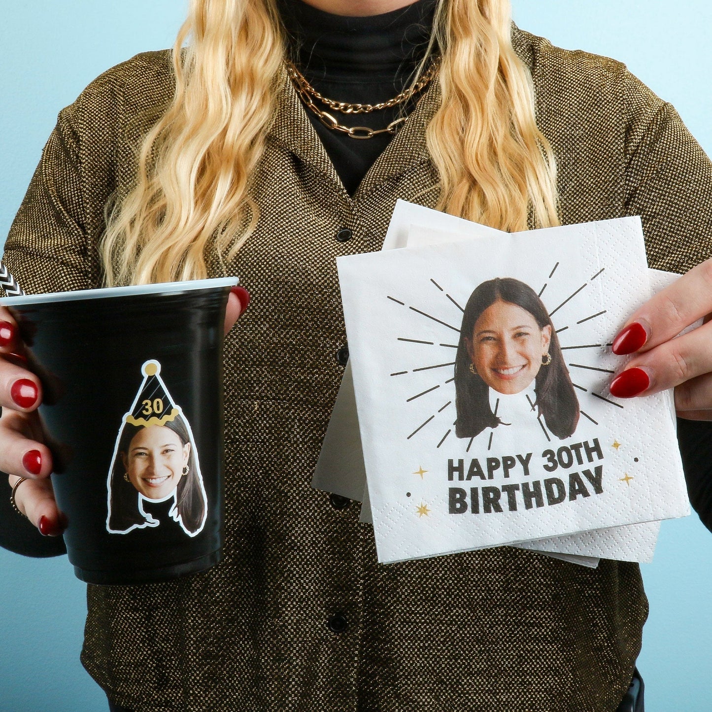 Custom Face Party Cups - Black & Gold Birthday - 16 Ct