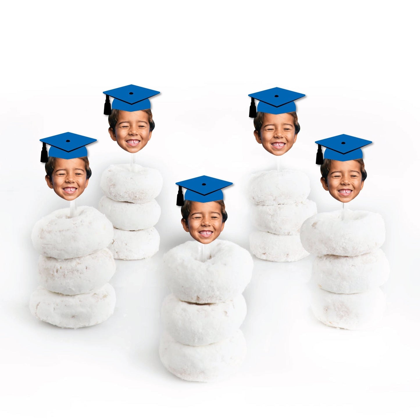 Custom Fun Face Blue Grad Cap Treat Picks - 24 Ct