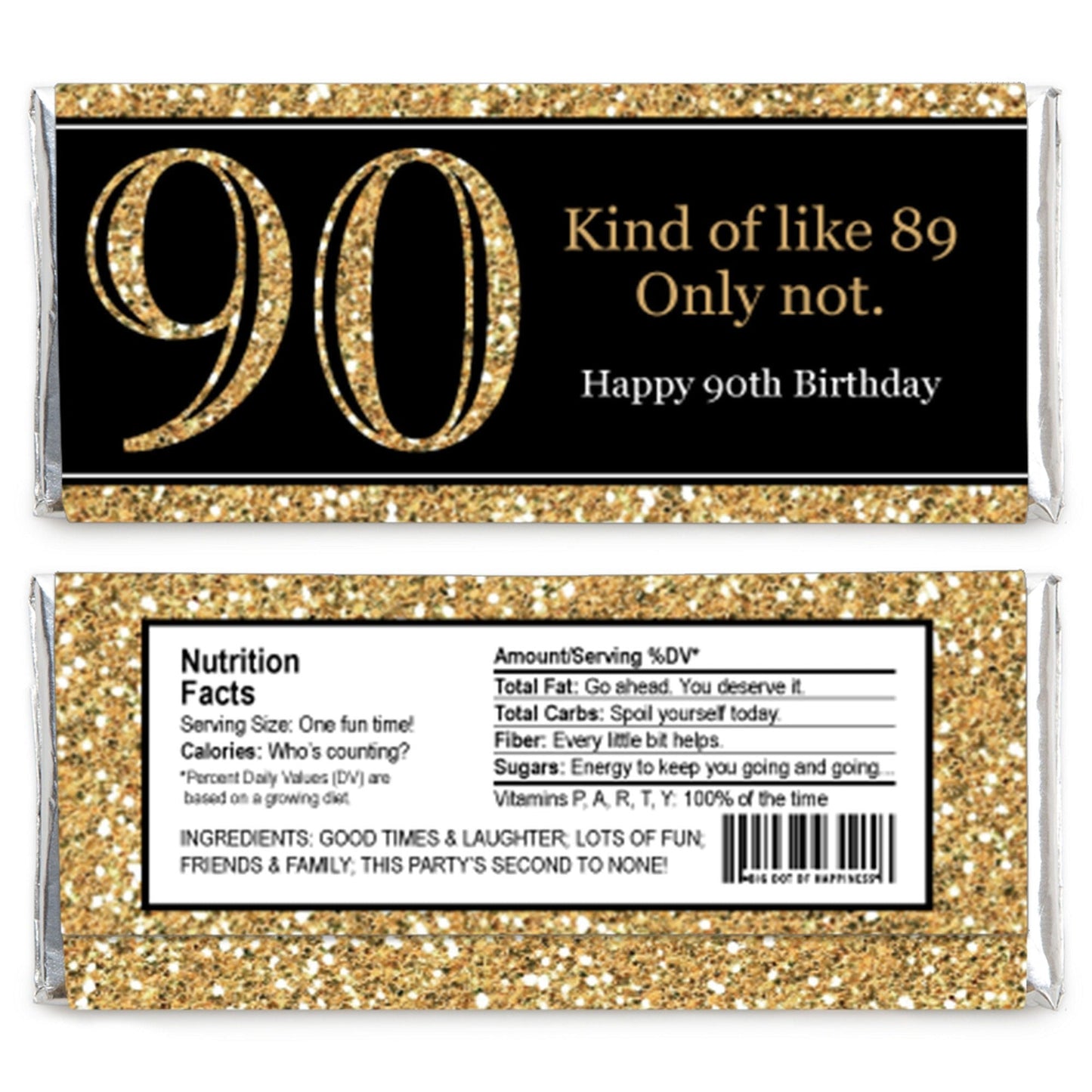 Adult 90th Birthday - Gold - Candy Bar Wrappers Birthday Party Favors - Set of 24