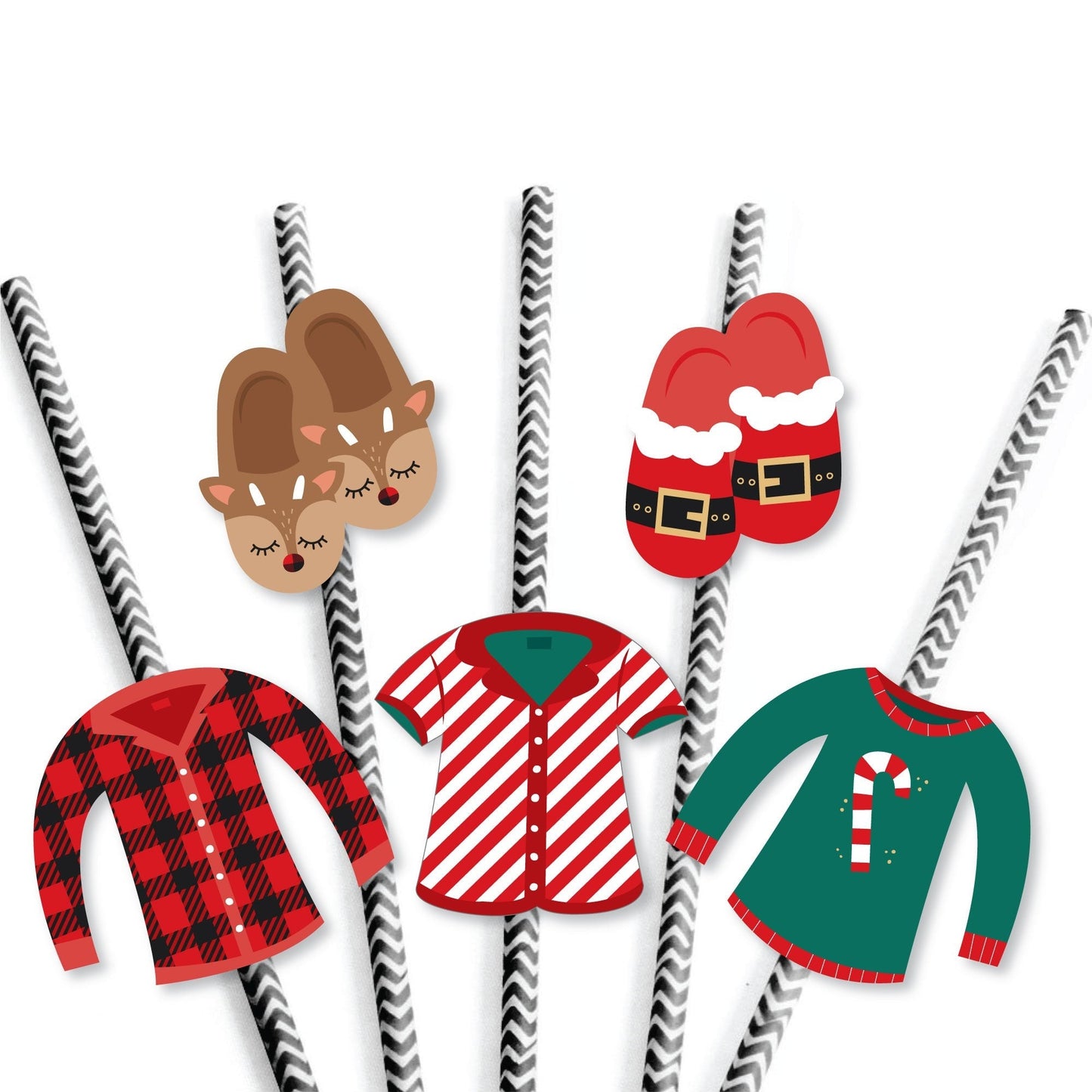 Christmas Pajamas - Paper Straw Decor - Holiday Plaid PJ Party Striped Decorative Straws - Set of 24