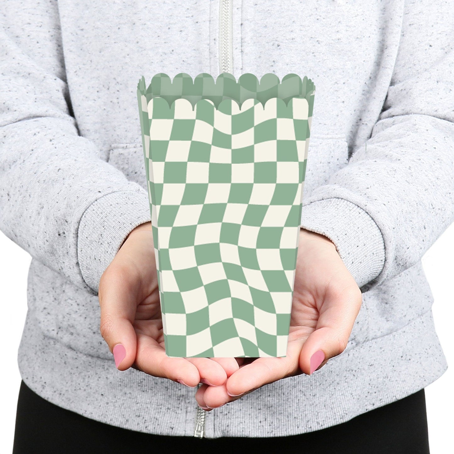 Sage Green Checkered Party - Favor Popcorn Treat Boxes - Set of 12
