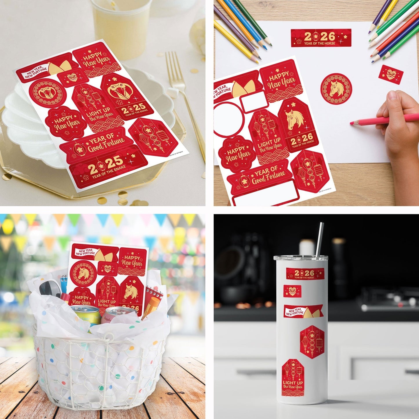 Lunar New Year - 2026 Year of the Horse Party Favor Sticker Set - 12 Sheets - 120 Stickers