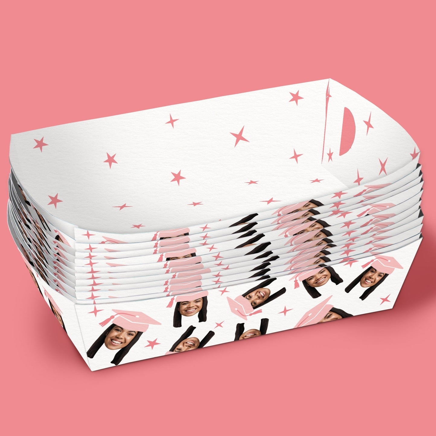 Custom Face Pink Graduation Paper Food Trays - 12 Ct