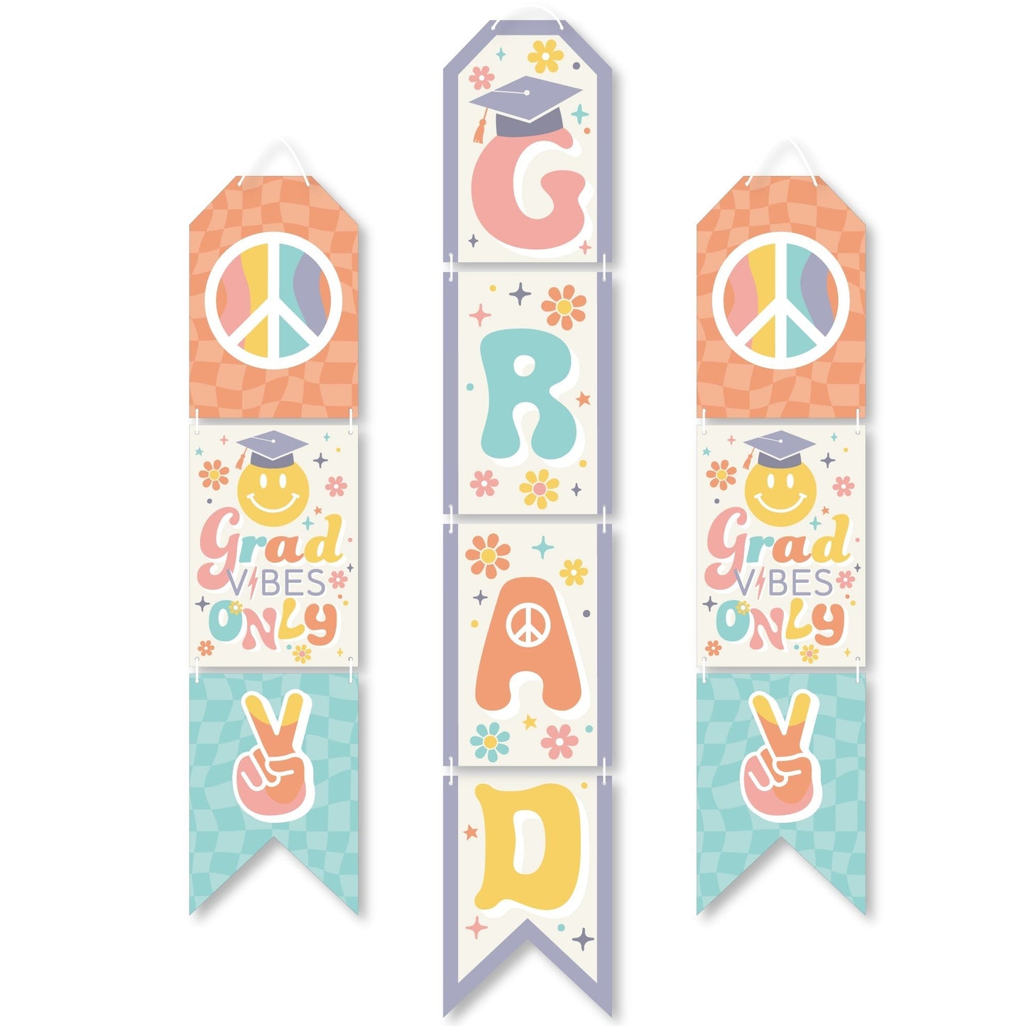 Groovy Grad - Hanging Vertical Paper Door Banners - Hippie Graduation Party Wall Decoration Kit - Indoor Door Decor