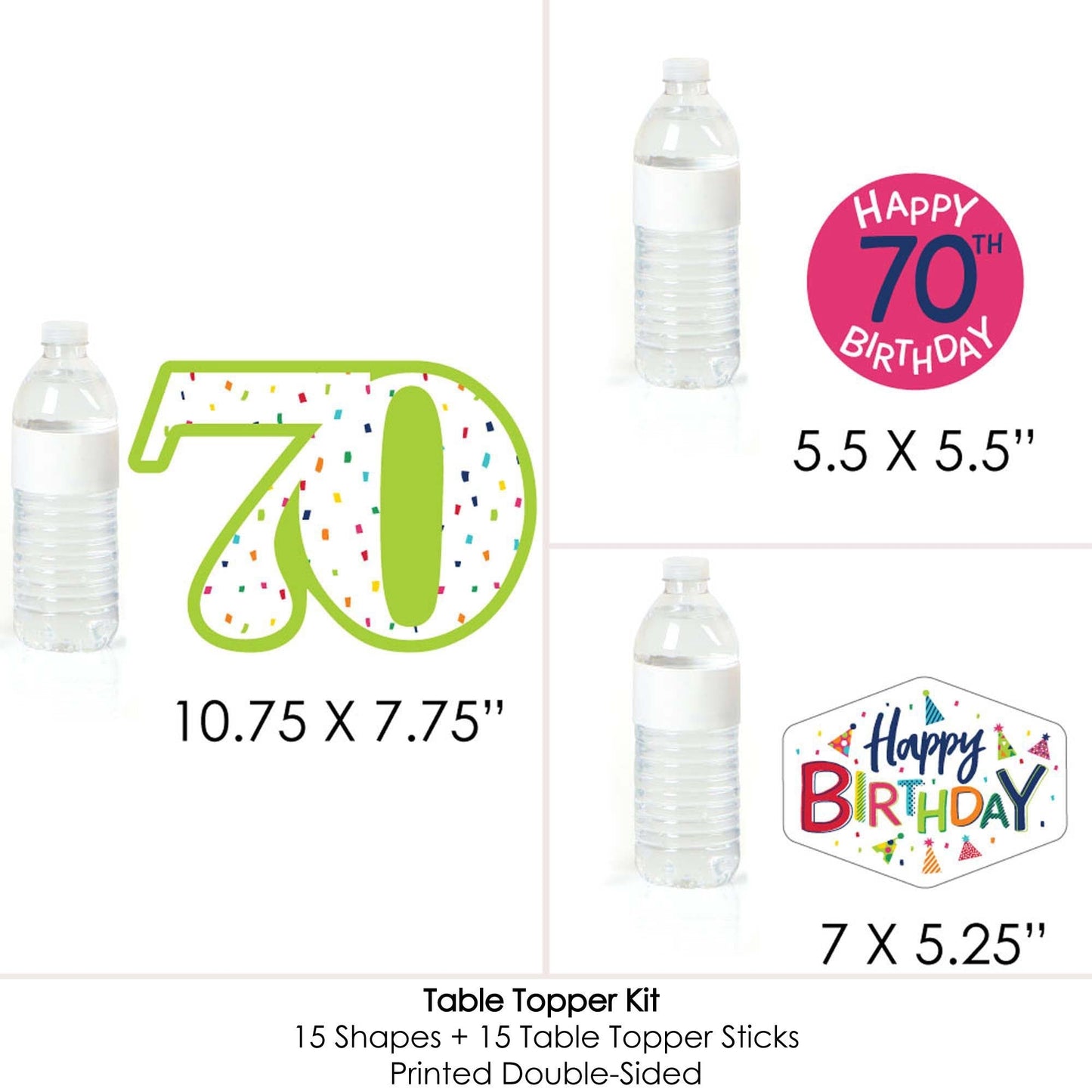 70th Birthday - Cheerful Happy Birthday - Colorful Seventieth Birthday Party Centerpiece Sticks - Table Toppers - Set of 15