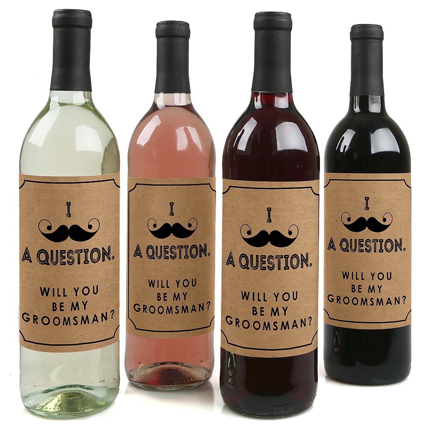 Kraft Mustache - Will You Be My Groomsman? - Gift for Men - Whiskey or Wine Bottle Label Stickers - Set of 4