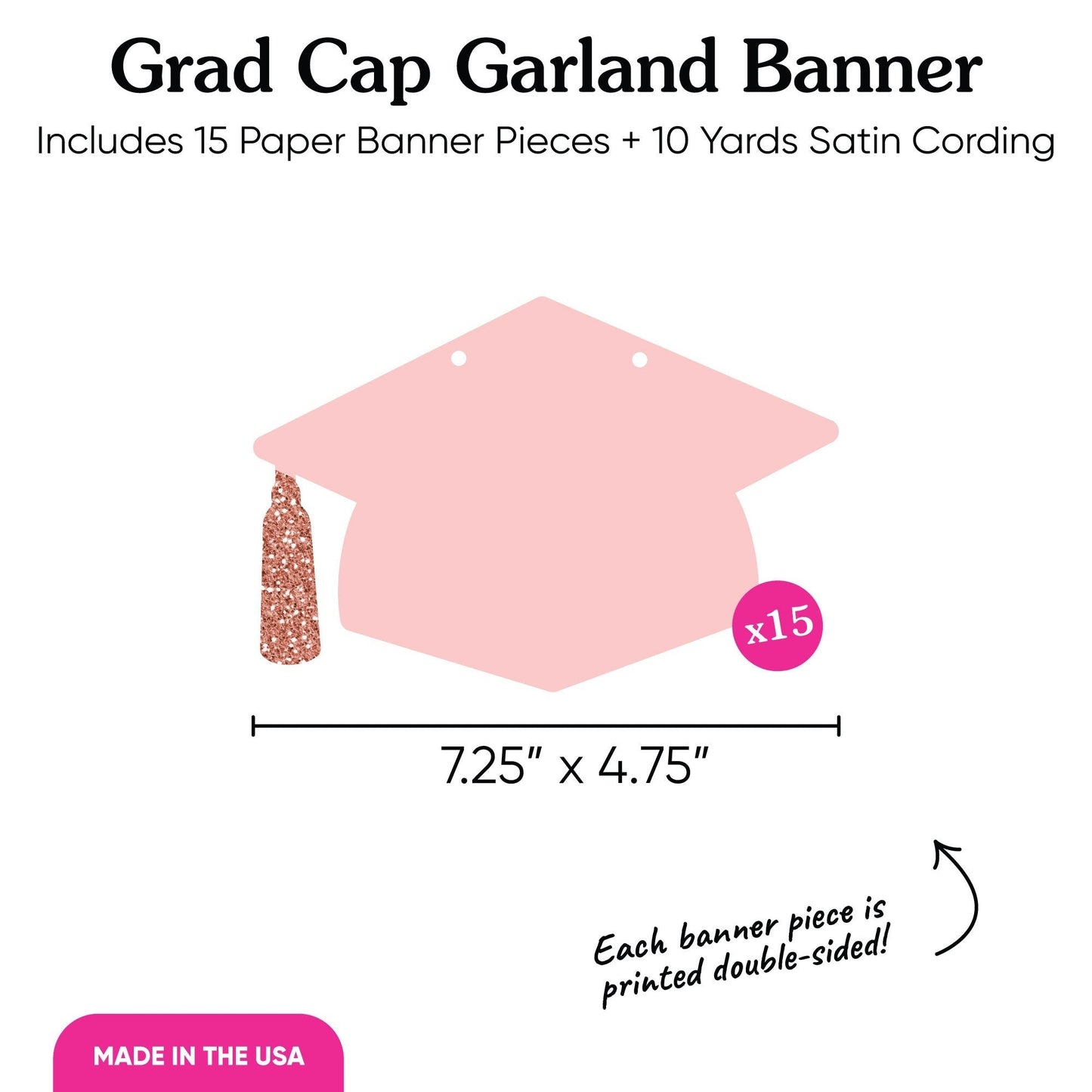 Rose Gold Grad Cap Garland Banner - 15 Pc