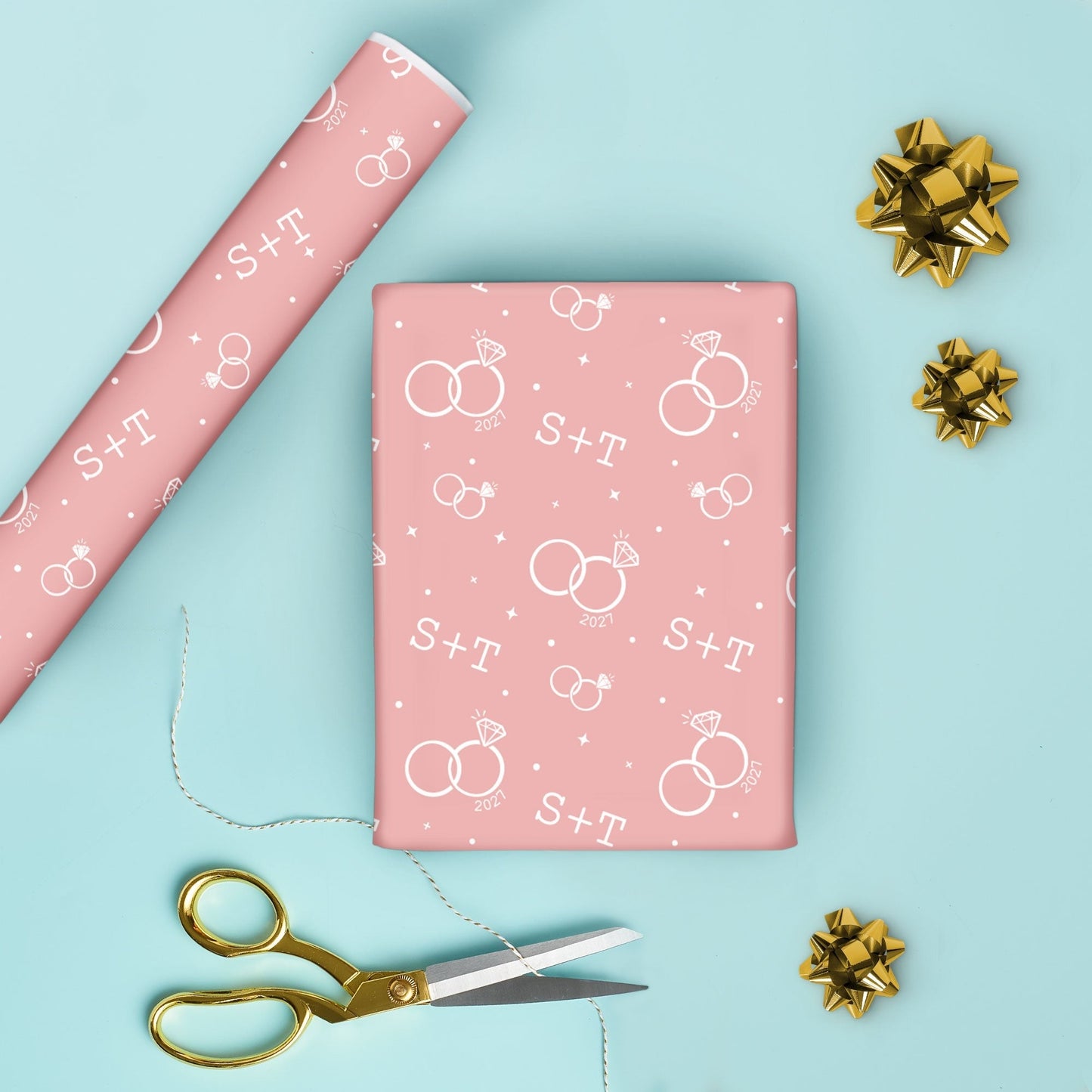 Custom Text Wrapping Paper - Pink Wedding Rings