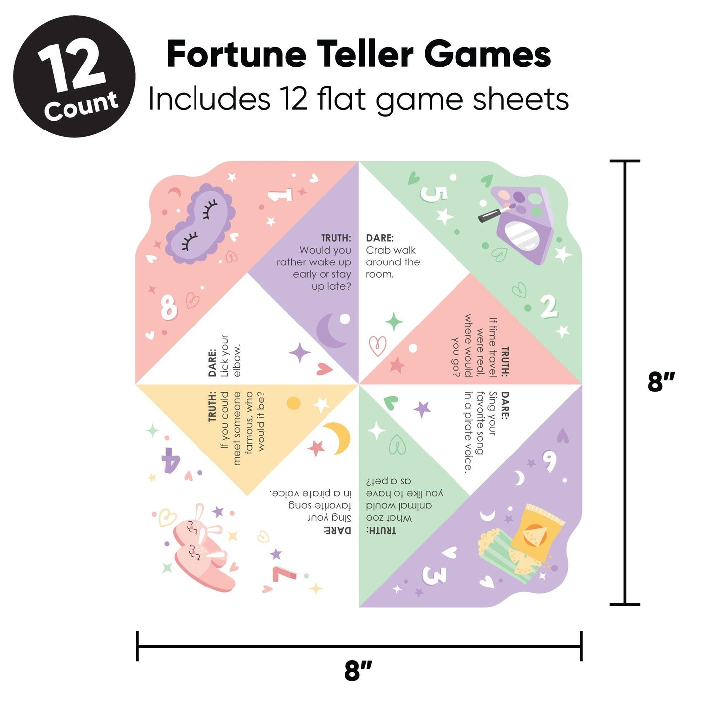 Pajama Slumber Party - Girls Sleepover Birthday Party Cootie Catcher Game - Truth or Dare Fortune Tellers - Set of 12