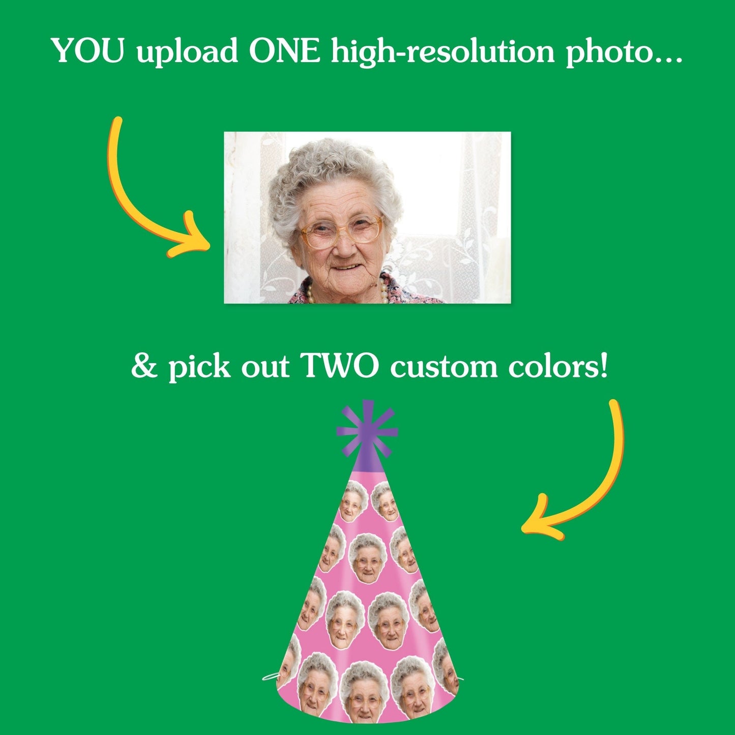 Custom Face Pick Your Own Color Cone Hats - 8 Ct