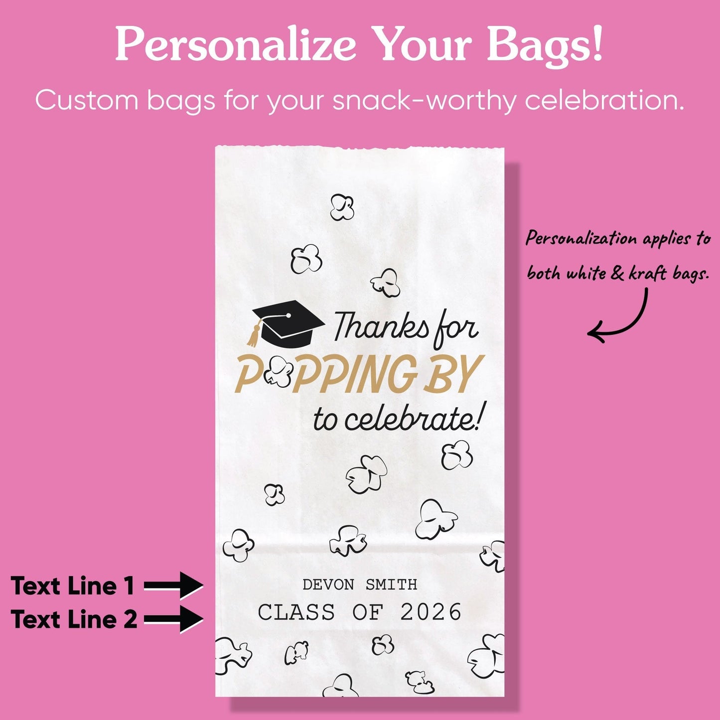 Custom Text Popcorn Bags - Black and Gold Grad