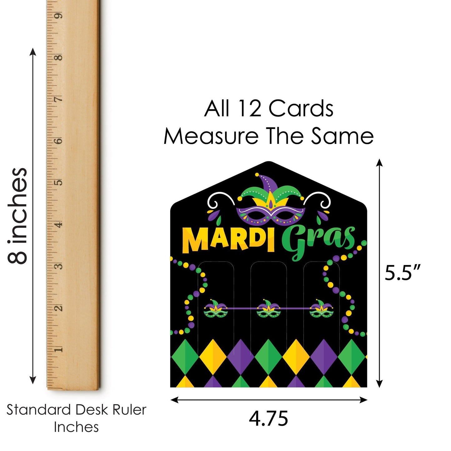 Colorful Mardi Gras Mask - Masquerade Party Game Pickle Cards - Pull Tabs 3-in-a-Row - Set of 12