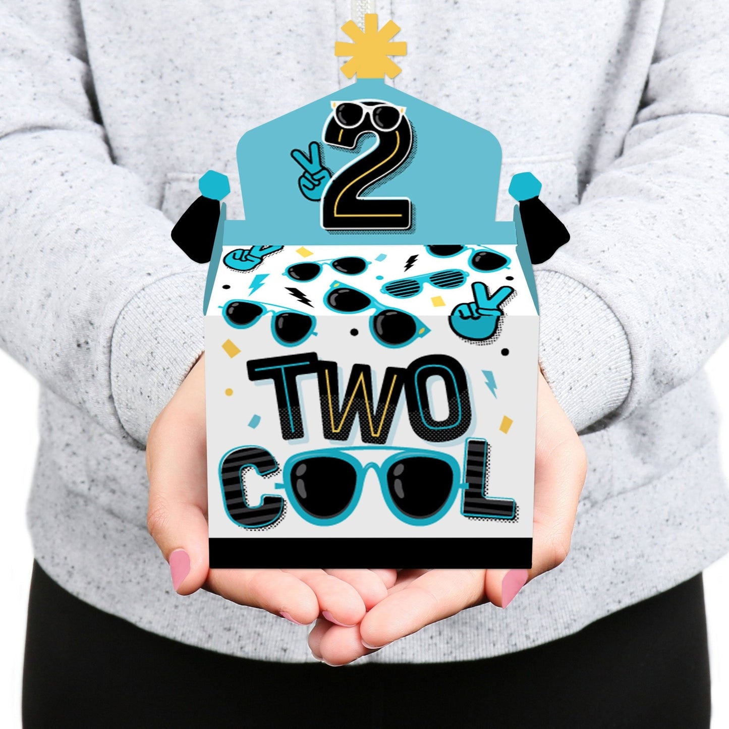 Two Cool - Boy - Treat Box Party Favors - Blue 2nd Birthday Party Goodie Gable Boxes - Set of 12