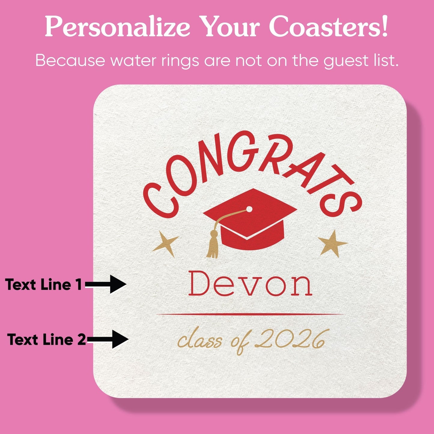 Custom Text Coasters - Red Graduation - 100 Ct