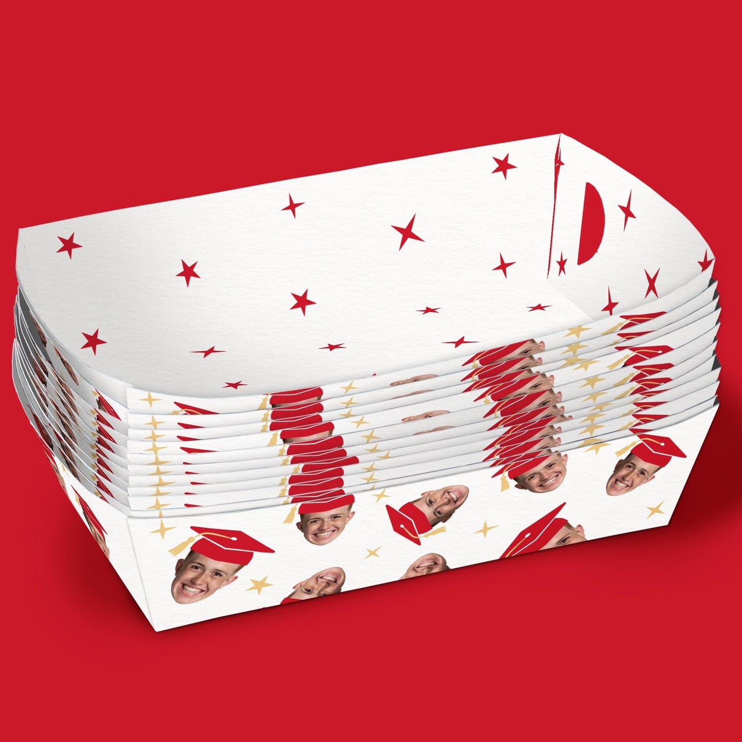 Custom Face Red Graduation Paper Food Trays - 12 Ct