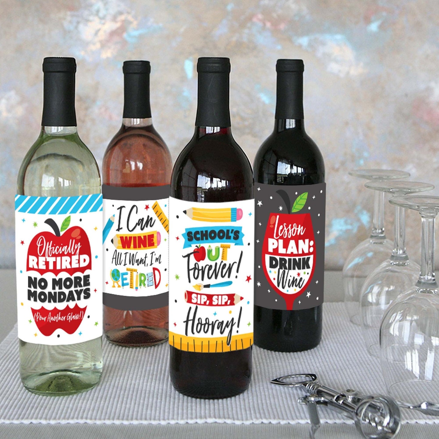 Teacher Retirement - Happy Retirement Party Decorations for Women and Men - Wine Bottle Label Stickers - Set of 4