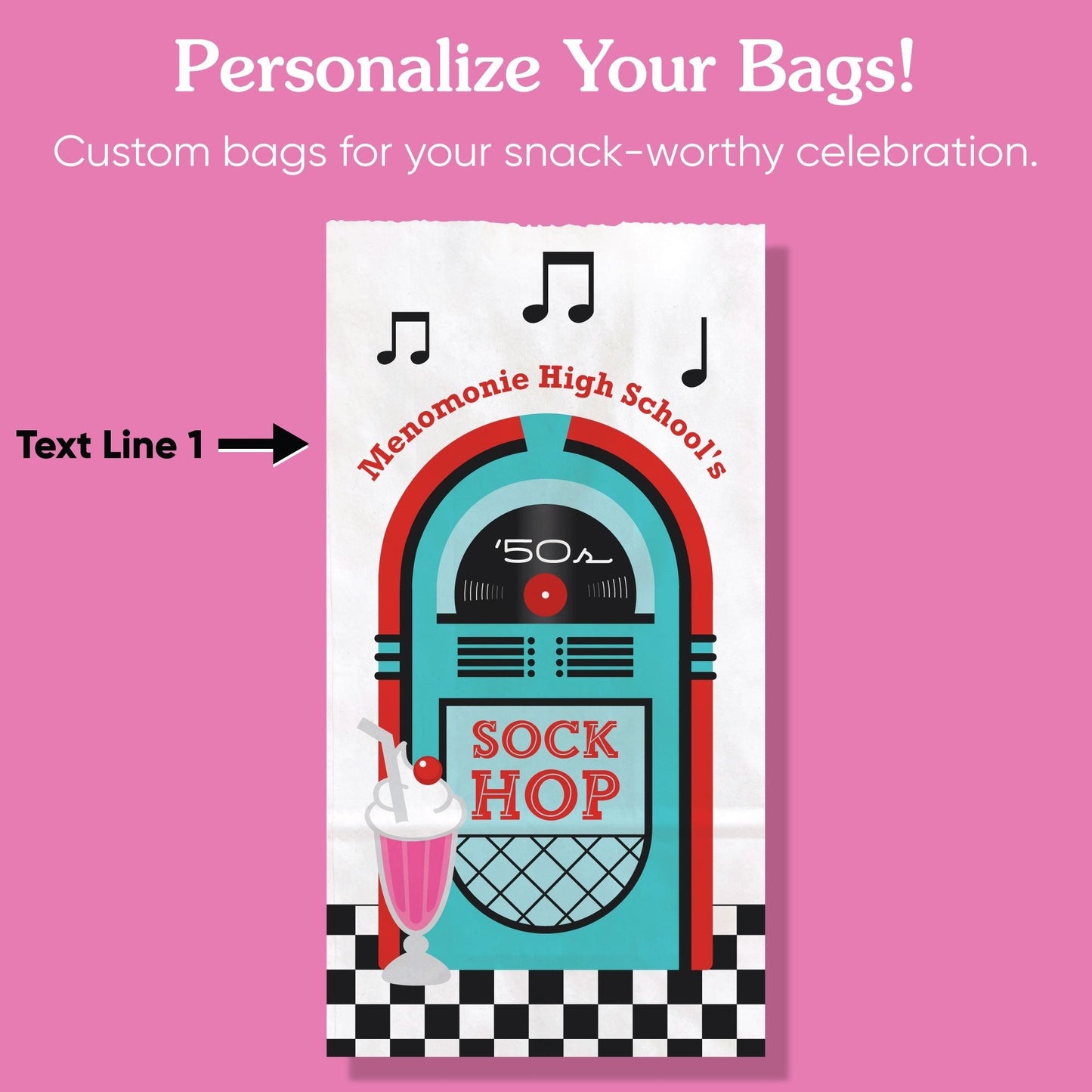 Custom Text Popcorn Bag - 50’s Sock Hop - 25 Ct
