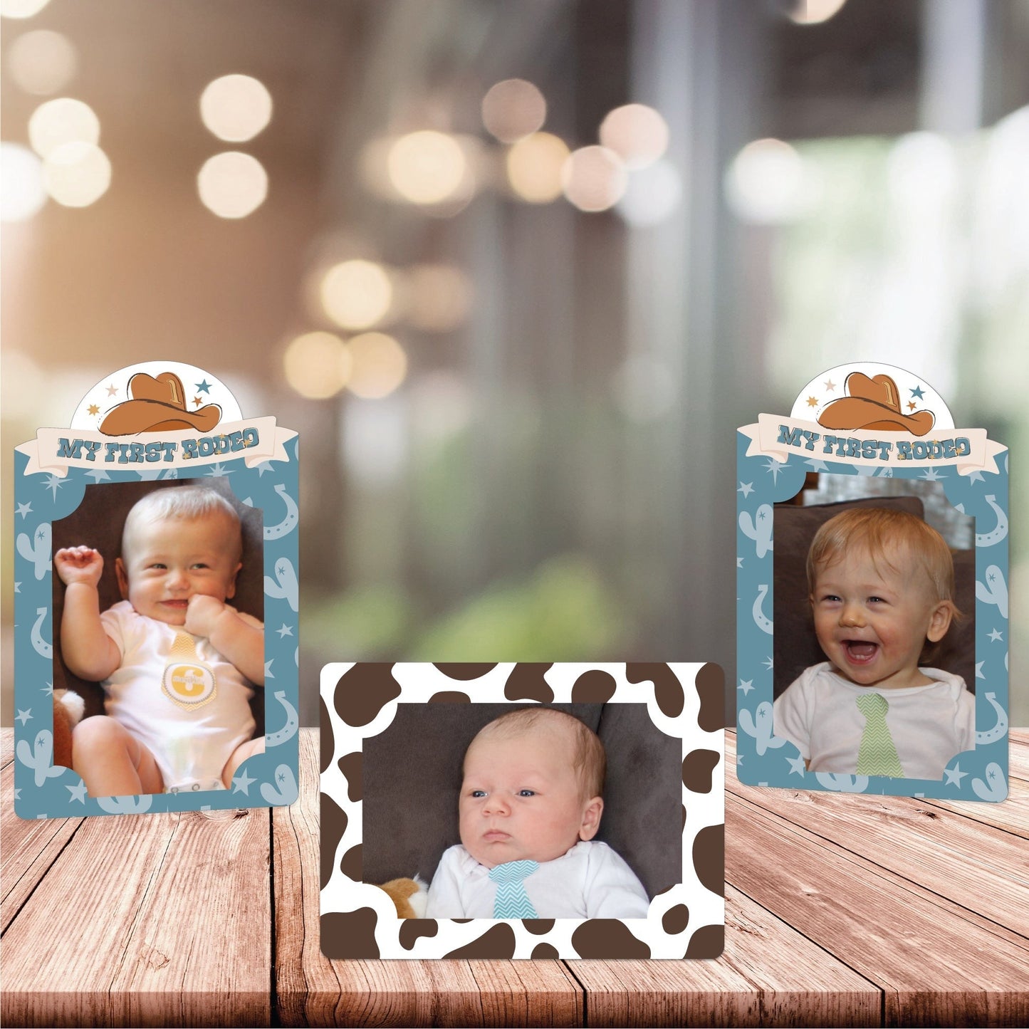 My First Rodeo - Little Cowboy 1st Birthday Party 4x6 Picture Display - Paper Photo Frames - Set of 12