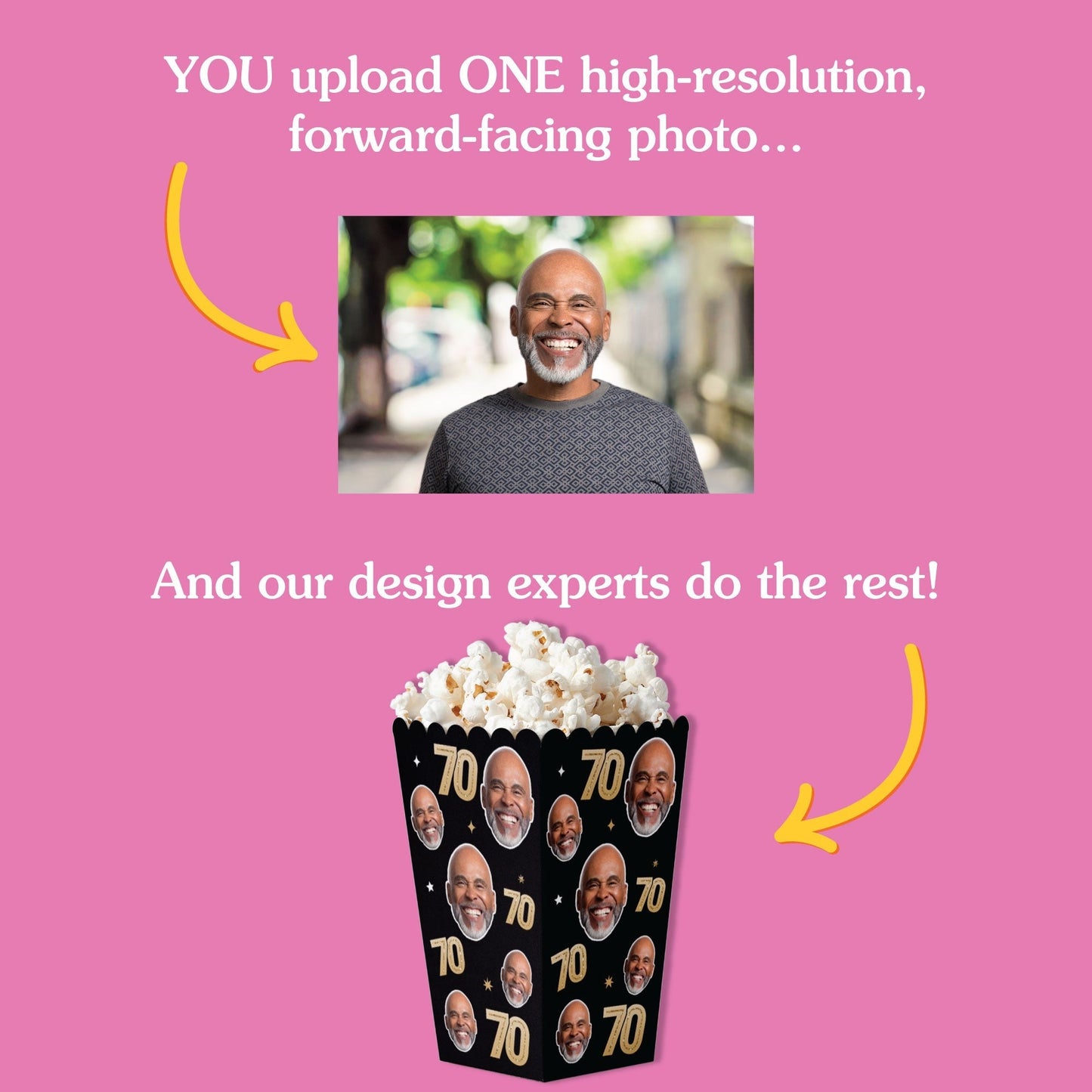 Custom Face 70th Birthday Popcorn Box - 12 Ct