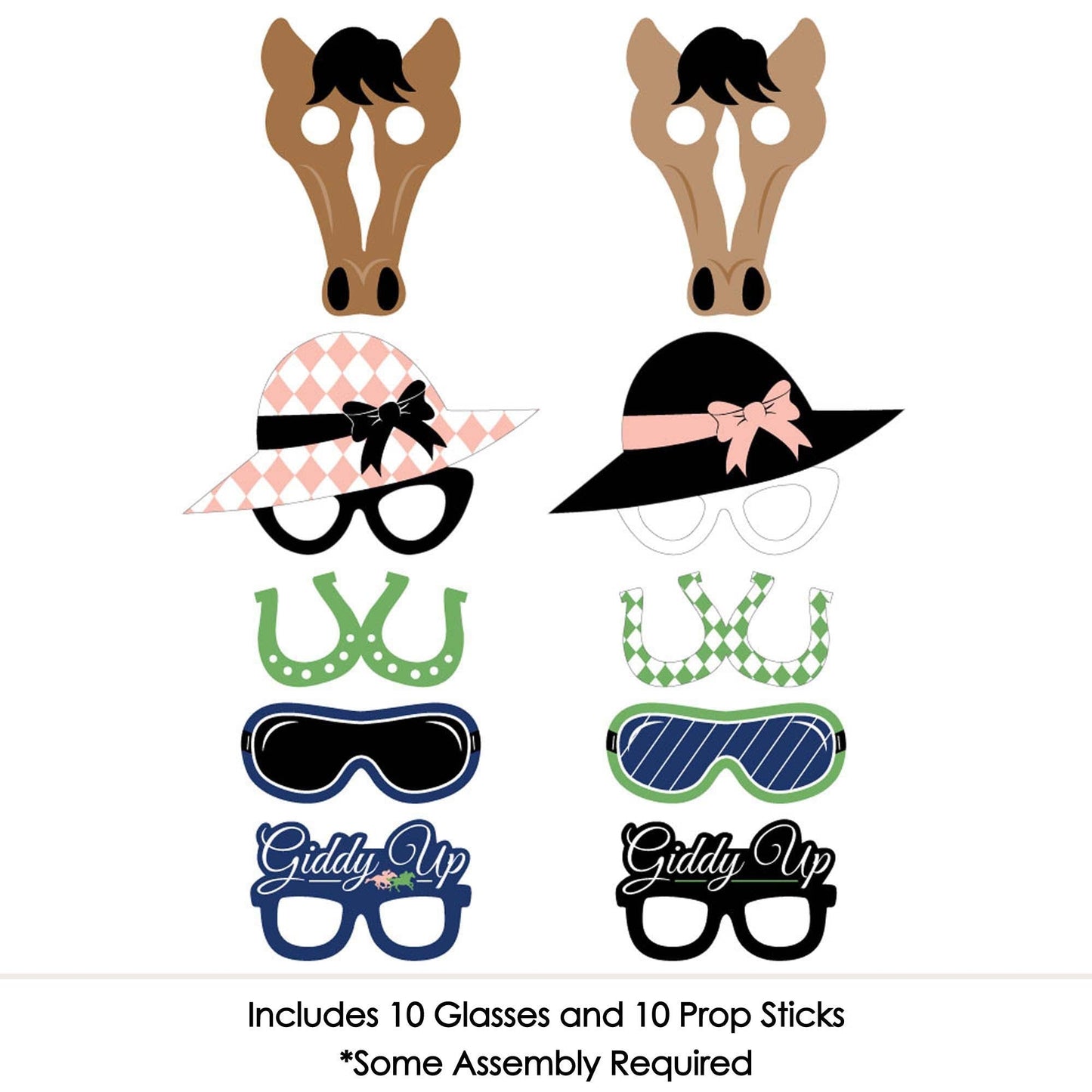 Kentucky Horse Derby Glasses, Masks & Headpieces - Paper Card Stock Horse Race Party Photo Booth Props Kit - 10 Count