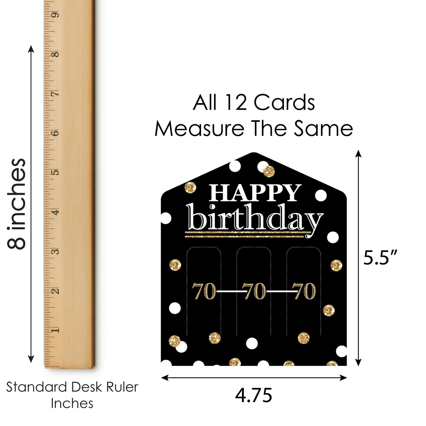 Adult 70th Birthday - Gold - Birthday Party Game Pickle Cards - Pull Tabs 3-in-a-Row - Set of 12