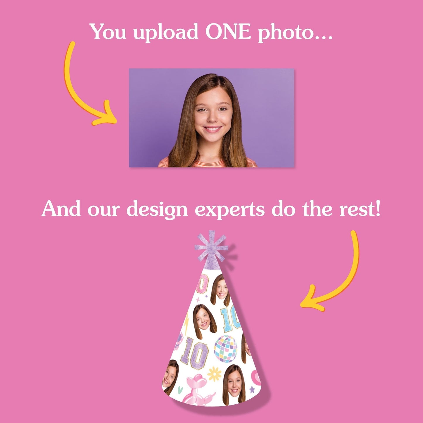 Custom Face Preppy 10th Birthday Girl Cone Hat - 8 Ct