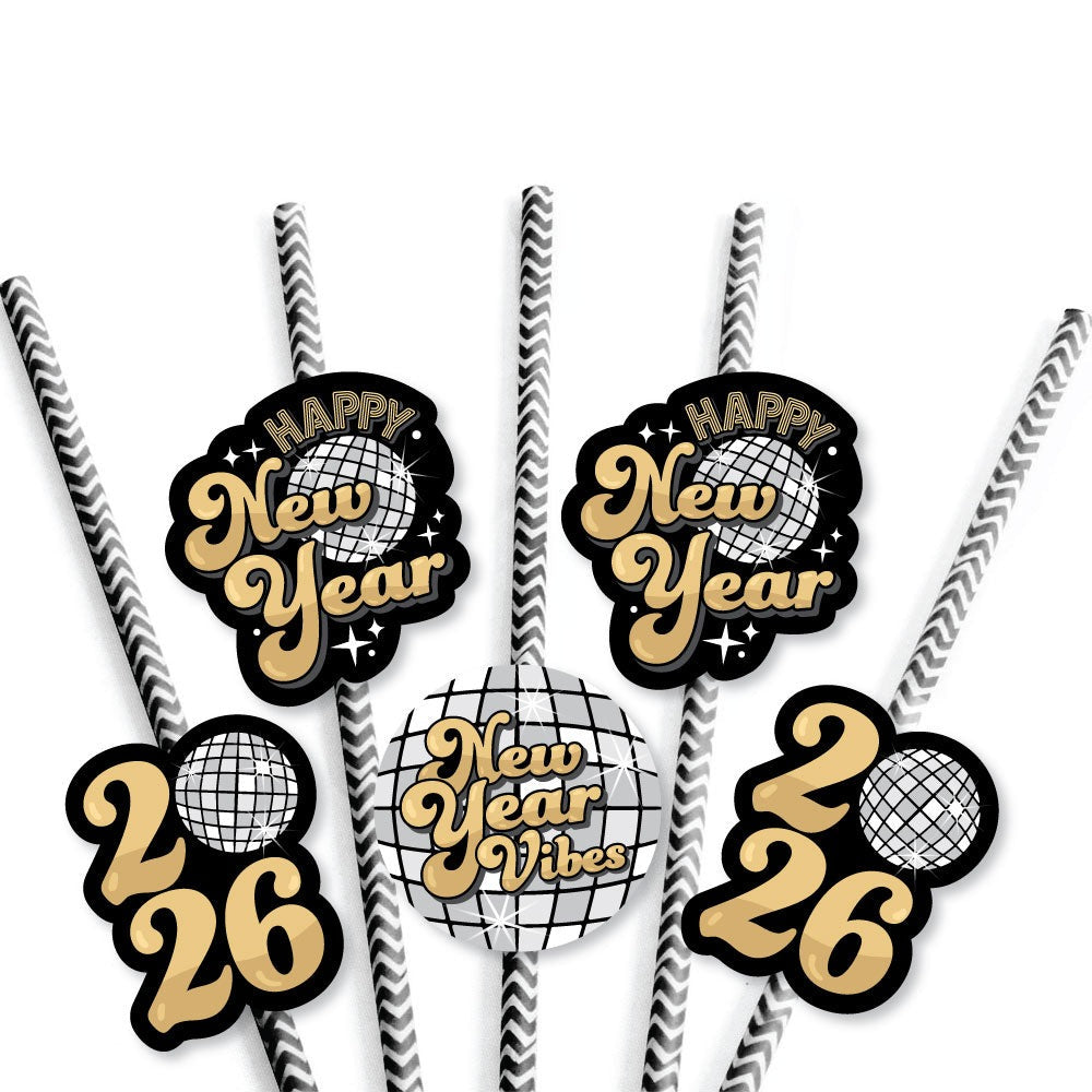 Disco New Year - Paper Straw Decor - Groovy 2026 NYE Party Striped Decorative Straws - Set of 24