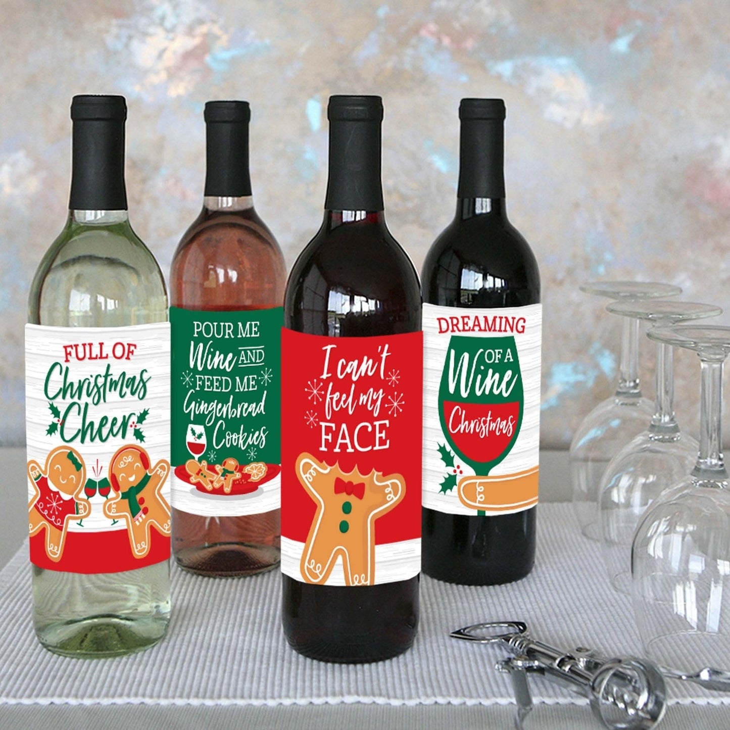 Gingerbread Christmas - Gingerbread Man Holiday Party Decorations for Women and Men - Wine Bottle Label Stickers - Set of 4