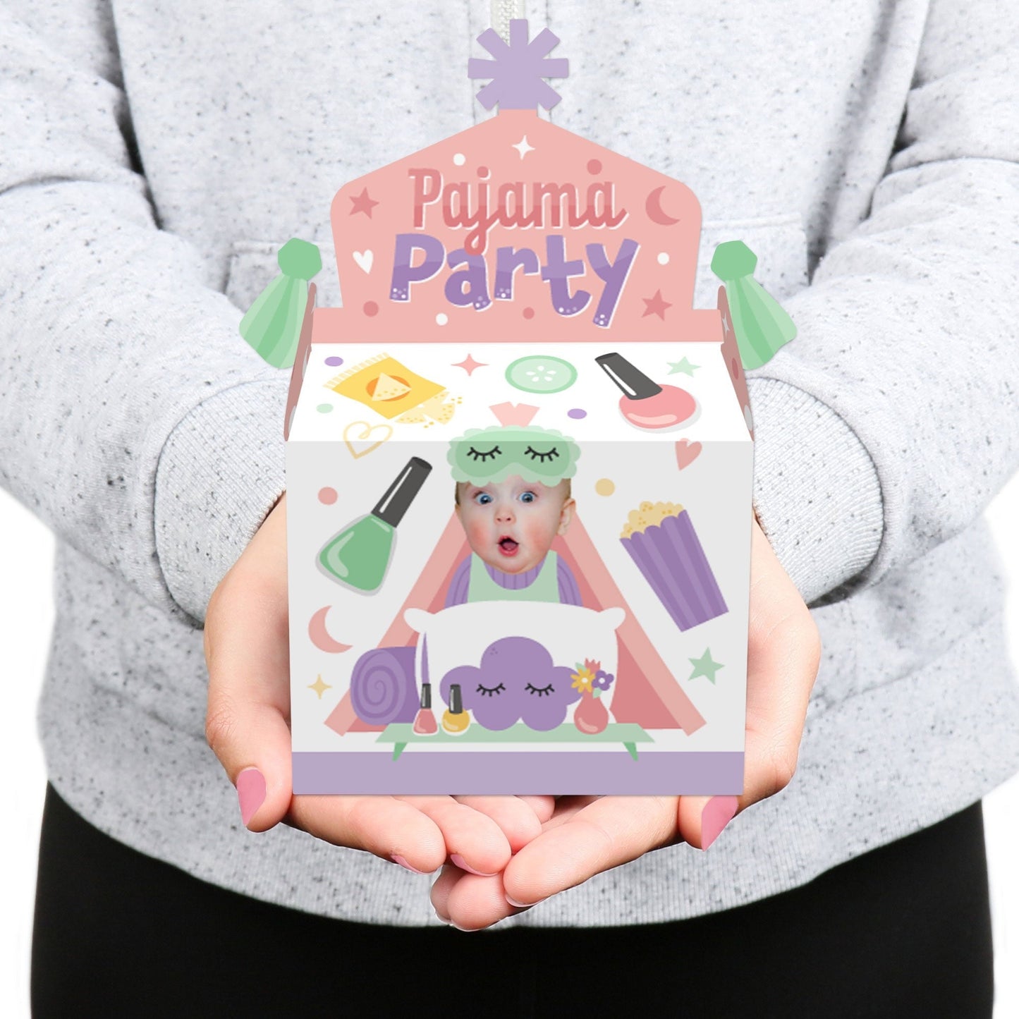 Custom Photo Pajama Slumber Party - Girls Sleepover Birthday Treat Box Party Favors - Fun Face Goodie Gable Boxes - Set of 12