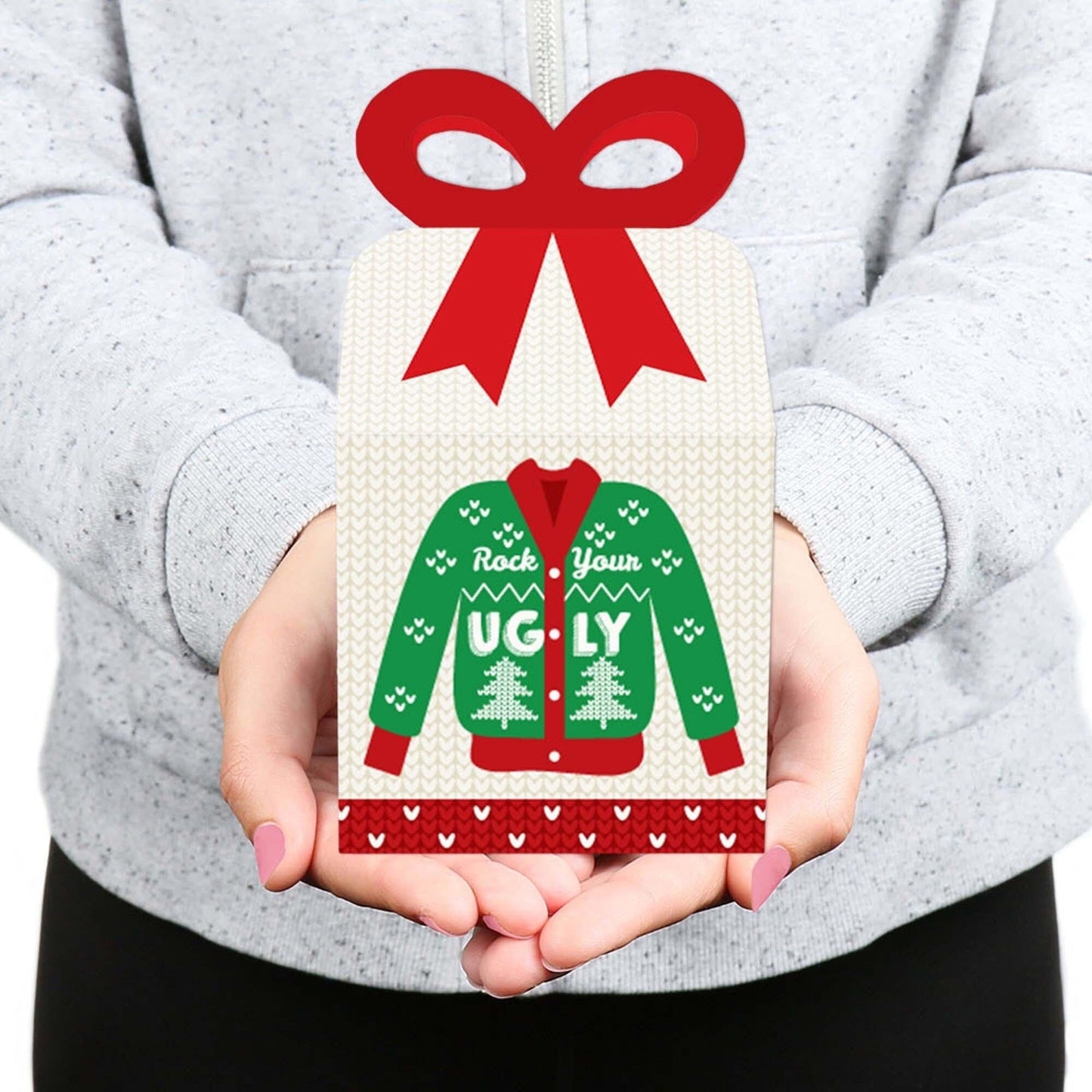 Ugly Sweater - Square Favor Gift Boxes - Holiday and Christmas Party Bow Boxes - Set of 12