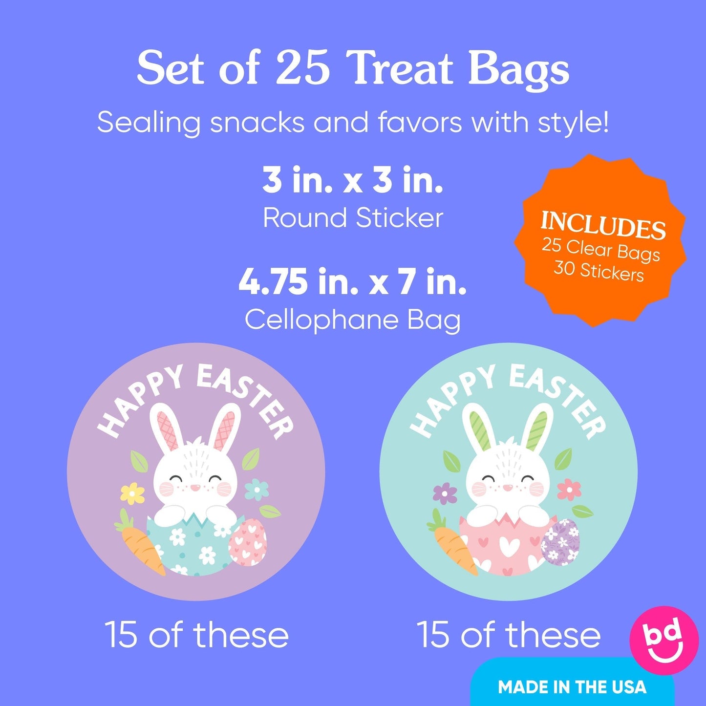 Happy Easter Bunny Stickers & Clear Cookie Bags - 25 Ct