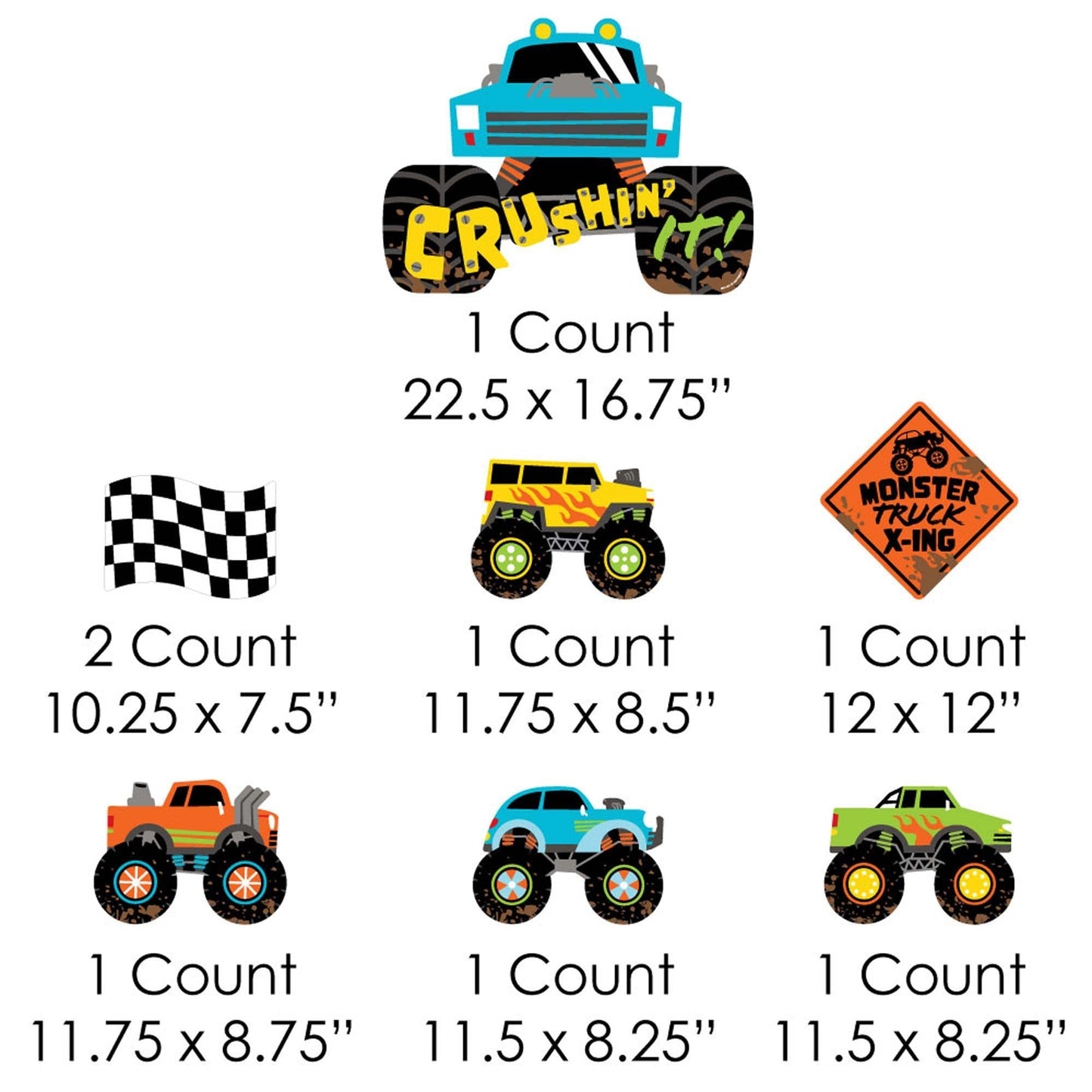 Smash and Crash - Monster Truck - Yard Sign and Outdoor Lawn Decorations - Boy Birthday Party Yard Signs - Set of 8