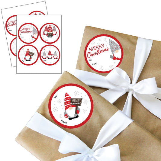 Christmas Gnomes - Round Holiday Party To and From Gift Tags - Large Stickers - Set of 8